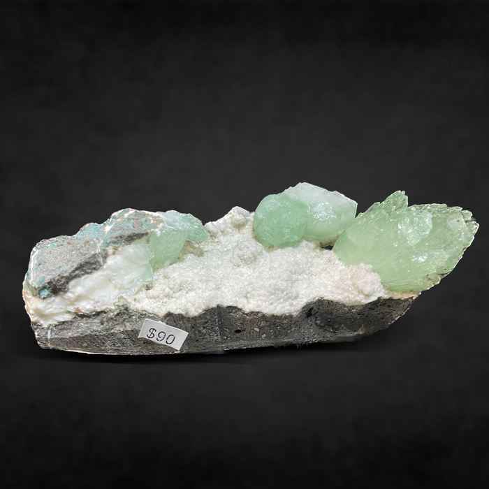 GREEN APOPHYLLITE ON WHITE HEULANDITE